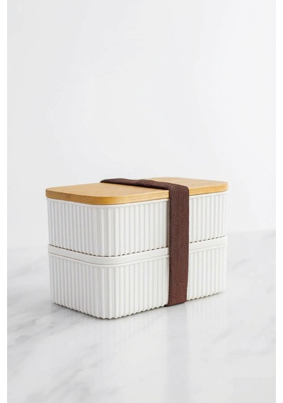 Makri Home Bambu Kapaklı 2'li Saklama Kabı Seti 0,5+0,5 Litre Üst Üste Konabilir 15x9x10 Cm Beyaz