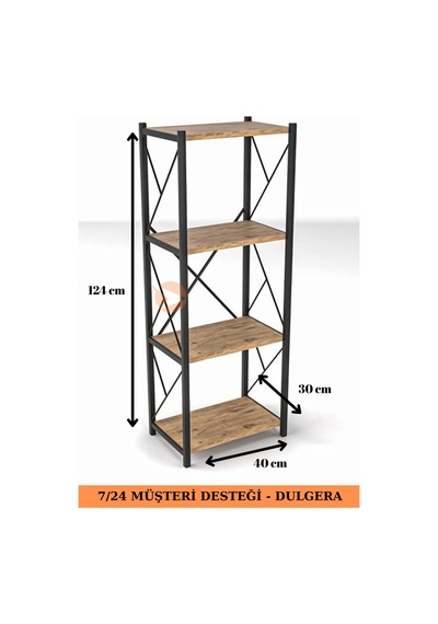 Fourty 4 Raflı Metal Dar Tekli Kitaplık Dekoratif Ofis Salon Rafı 124 Cm Çam