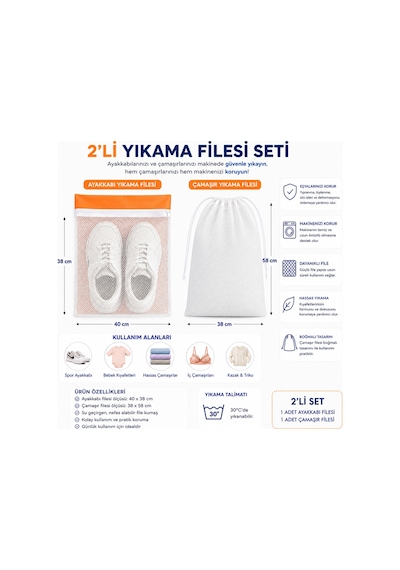 2 Li Yıkama Filesi Seti 40x38 Cm Ayakkabı Yıkama Filesi + 38x58 Cm Boğmalı Çamaşır Filesi Diğer