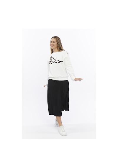 Kadife Kuş Desenli Şardonlu İçi Polarlı Ekru Regular Fit Bisiklet Yaka Kadın Sweatshirt Ekru