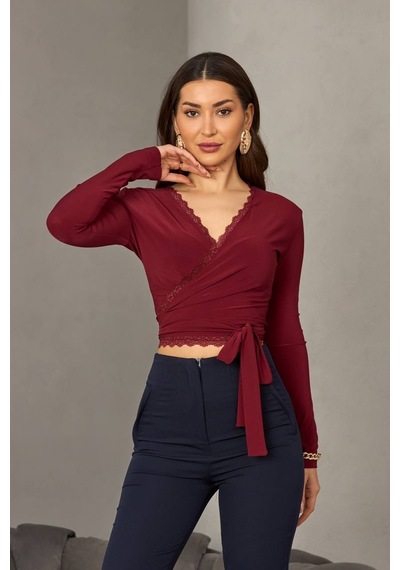 Kadın Dantel Detaylı Kruvaze Bağlamalı Crop Bluz Bordo