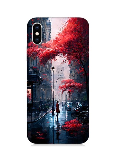 Apple Uyumlu iPhone Xs Kırmızı Ağaçlar Desenli Silikon Kılıf