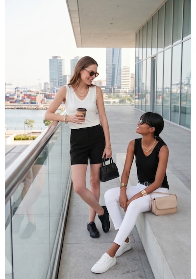 Lela Slim Fit V Yaka Kalın Askılı 2' Li Paket Bayan Bluz 5864384S2 Siyah-Ekru