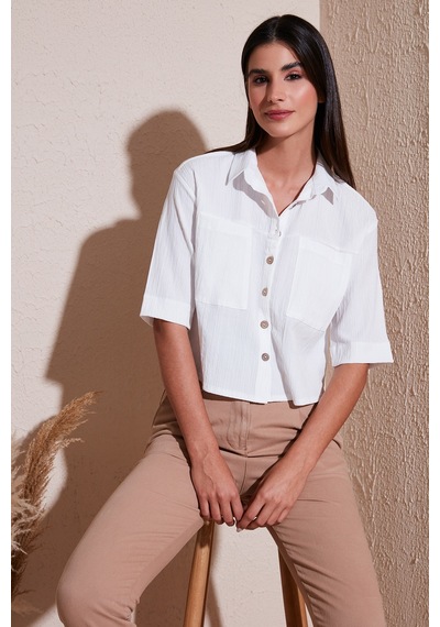 Lela Regular Fit Çift Cepli Kısa Kollu Bayan Gömlek 5865644 Ekru