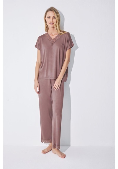Monamise Kadın Kısa Kollu V Yakalı Dantelli Pijama Takımı 18512-kahve Kahverengi