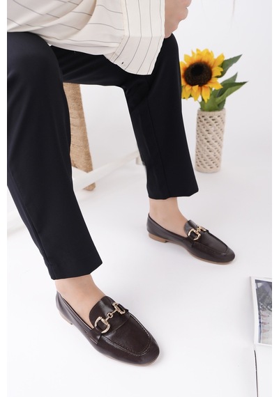 Muggo Stride Metal Tokalı Kadın Günlük Loafer Ayakkabı Kahverengi