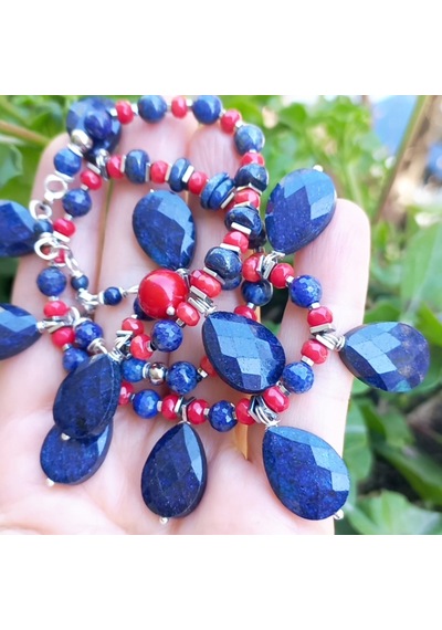 2745 Lapislazuli Mercan Hematit Çelik Aparatlı El Yapımı Kolye Çok renkli
