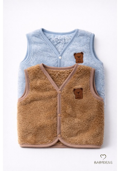 Babyden's 2 Li Welsoft Yelek Seti Erkek Bebek & Çocuk Peluş Yumuşak Kışlık Bebek Yeleği, Çıtçıtlı Kahverengi - Mavi
