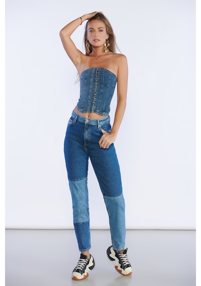 Lacivert Yüksek Bel Yama Detaylı Mom Jeans-lacivert Lacivert