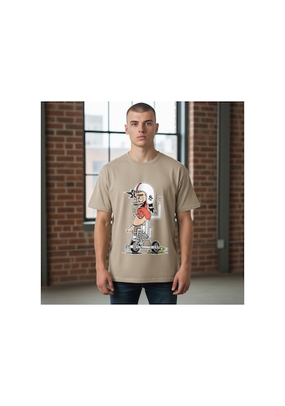Urbantrendstore Unisex Motosiklet Kaykay Funny Eğlenceli Oversize Fit Rahat Geniş Salaş T-shirt Günlük Tişört Bej