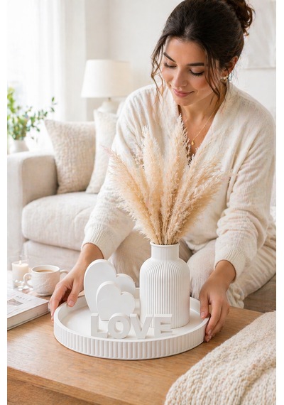 Dekoratif Salon Sehpa Seti Pampas Vazolu Love Obje Modern Ev Dekorasyonu Beyaz