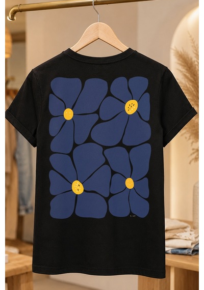 Spoyi Blue Daisy Tasarımlı %100 Pamuk Yarım Oversize Siyah T-shirt