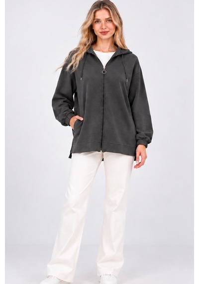 Fiolin Kristal 2 İplik Salaş Fermuarlı Sweatshirt Füme