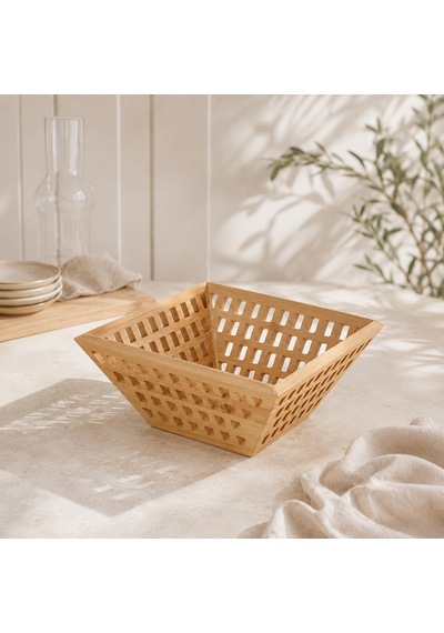 Bambu Sunumluk Sepet 20 Cm, Doğal Ahşap Meyve Sepeti, Ekmeklik Kahvaltılık Çerezlik Ve Servis Sepeti Kahverengi