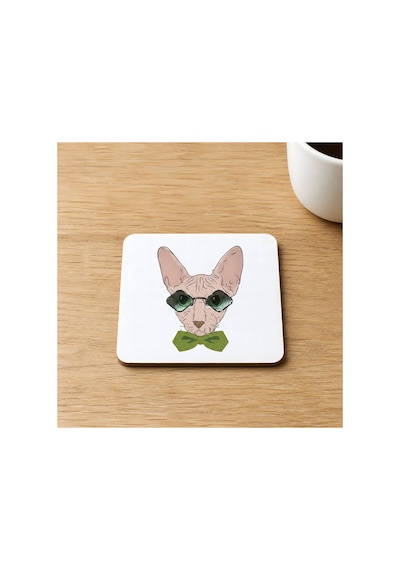Gözlüklü Yeşil Papyonlu Kedi Baskılı 9x9 Cm Kare Mdf Bardak Altlığı Ahşap Çok Renkli