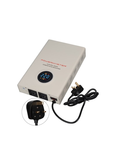 Powermaster Slım-2000 Otomatik 2000va Kombi Voltaj Regülatörü İngiliz Fişli Ve Evrensel Çoklu Soketli