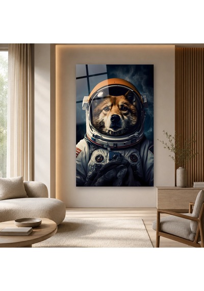 Astronot Giysili Köpek Çerçevesiz Cam Tablo