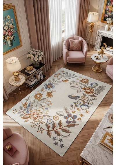 Cotto Cool Cl006r Krem Çiçek Desenli Modern Halı Şık Akrilik Kaymaz Taban Kolay Temizlenebilir