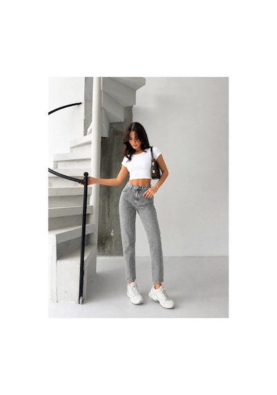 Kene Jeans Gri Kar Bacak Taşlı Mom Jeans Gri Kar
