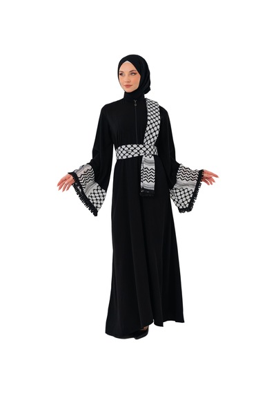 Zaytoon Fermuarlı Filistin Kefiye Desenli Geniş Püsküllü Kolları Dik Yakalı Siyah Filistin Elbise C100049 Siyah Zaytoon Fermuarlı Filistin Kefiye Desenli Geniş Püsküllü Kolları Dik Yakalı Siyah Filistin Elbise C100049 Siyah