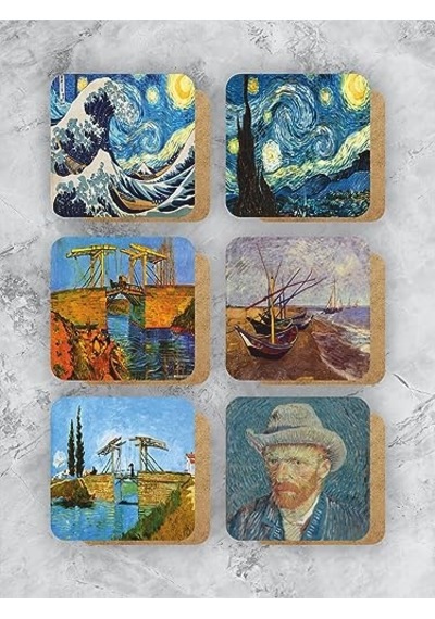 Van Gogh Temalı Ahşap Bardak Altlığı Ahşap Baskılı Altlık 6'lı Set 9 X9cm Genel