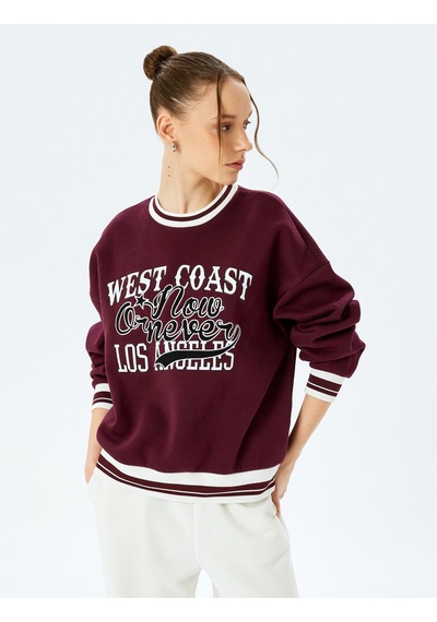 Koton Üç İplik Şardonlu Uzun Kollu Bisiklet Yaka Kolej Baskılı V Yaka Sweatshirt Bordo 5wal10836ık Bordo