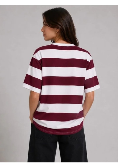 Valensdesign Çizgili Oversize Tişört Bisiklet Yaka Kısa Kol Yazlık T-shirt - Bordo