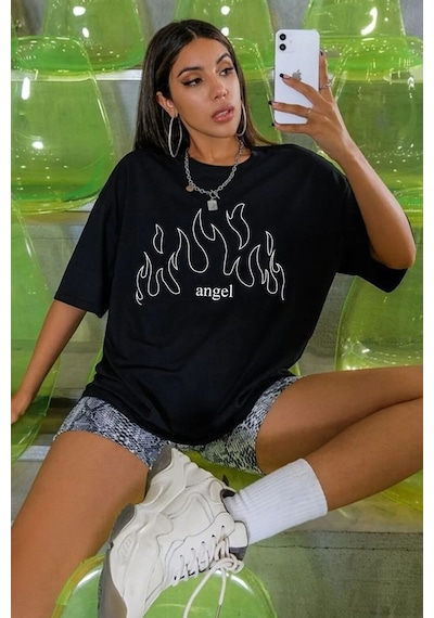 Unisex White Angel Baskılı T-shirt Siyah