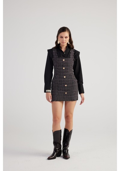 Holly Lolly Metal Düğme Detaylı Mini Tweed Elbise Siyah