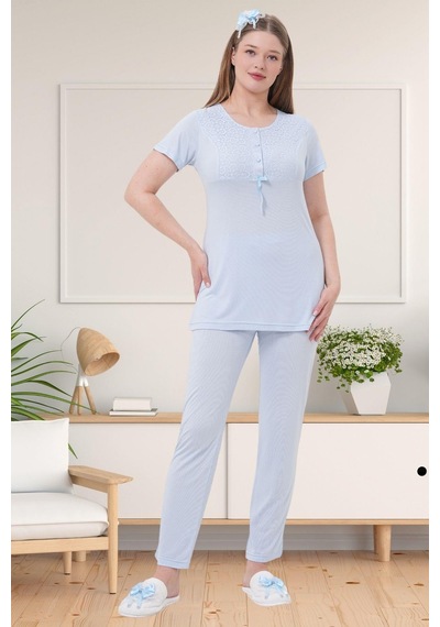 Mecit Pijama Mecit 1541 Mavi Uzun Sabahlıklı Lohusa Pijama Takımı