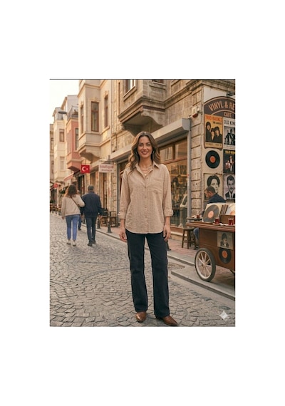 Zdnjeans Kadın Taş Rengi Rahat Kesim Keten Gömlek Bej
