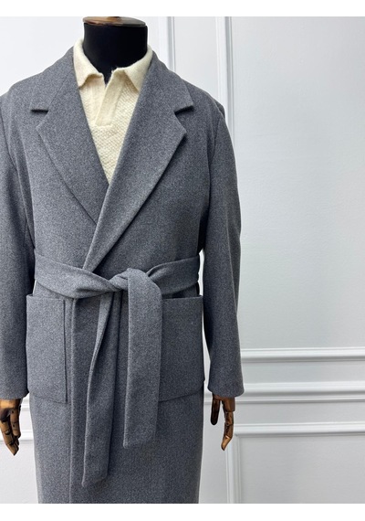 Modefendi Yüksek Kalite Oversize Kesim Kemer Detaylı Kaban Gri