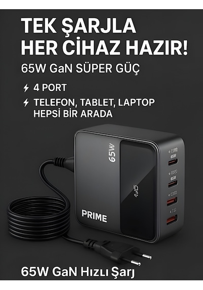 65w Gan 3a 4 Portlu 1,5 Metre Uzatma Kablolu Usb + Type-c Çoklayıcı Masaüstü Şarj Cihazı 1.5 M