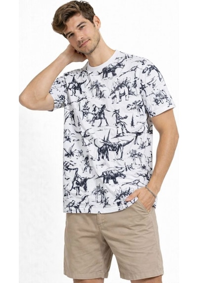 Erkek Dinozor Dijıtal Ön Ve Arka Baskılı Tişört Bisiklet Yaka T-shirt - Beyaz