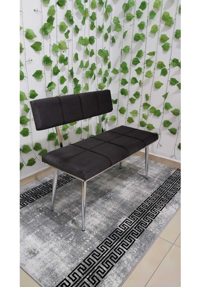 Özcan Metal Krom Metal Ayaklı Bench Sırtlı Mutfak Salon Antre Yatak Odası Puf Bank Oturak Takımı Gri