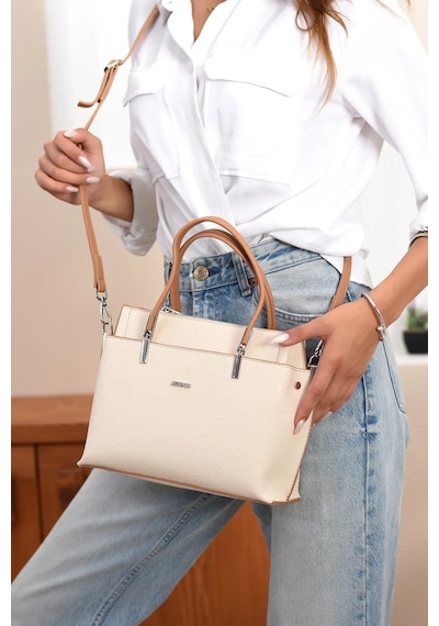 Just Polo 5 Bölmeli Şık El & Omuz Çantası Shoulder Bag Ebat : 22 X 25 Cm Krem - Camel