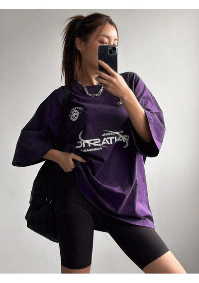 Fantastıc Süprem T-shirt -mor Baskılı Oversize Bisiklet Yaka Tişört Mor