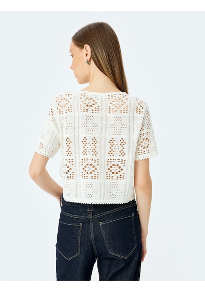 Koton Ajurlu Bisiklet Yaka Kısa Kollu Crop Tişört Ekru 5sal10020ık Ekru