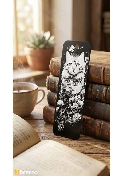 Sanatsal Kedi Ve Çiçek Figürlü Kabartma Dokulu Kitap Ayracı - Mat Siyah Şık Kitap Aksesuarı