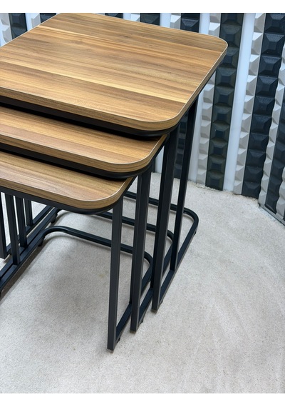 3 Lü Zigon Sehpa Seti Metal Ayaklı Ahşap Desen Tabla Modern Tasarım Amalfi Cevizi