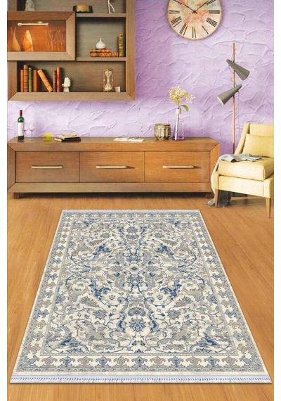 Mavi Çerçeveli Dokuma Pamuk Taban Kaymaz Kilim Klm339n11