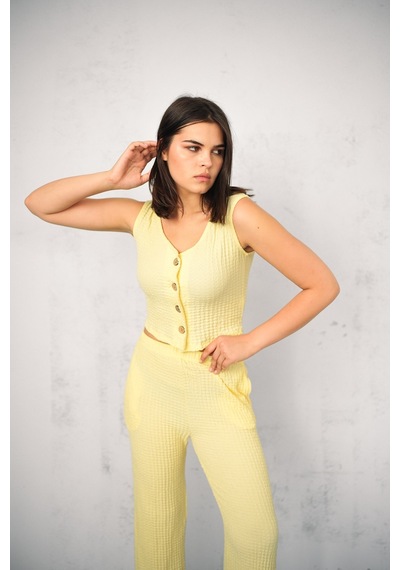 Gugus Kadın Gofre Yelekli Alt/üst Takım Wide Lege Yüksek Bel Geniş Paça Model Sarı