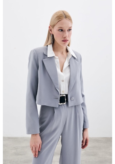 Sateen Kısa Krep Ceket - Gri-135614 Gri