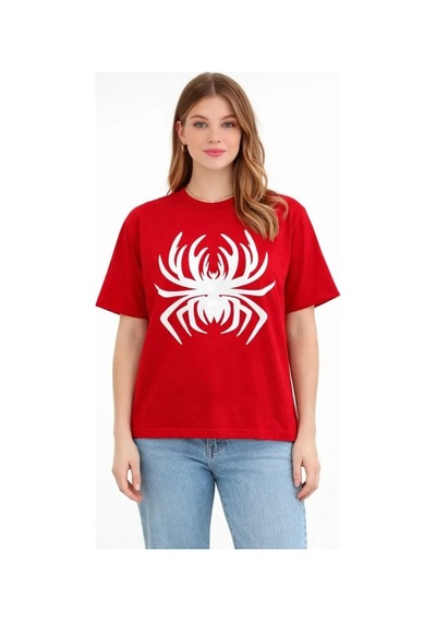 Efnaz Style Örümcek Baskılı Tişört Kısa Kollu Bisiklet Yaka T-shirt - Kırmızı Kirmizi