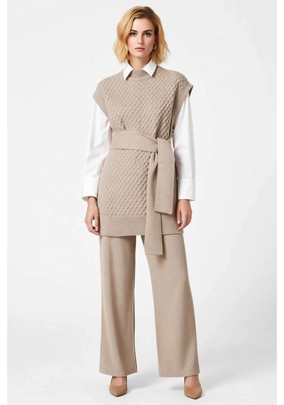 Frm Kadın Moda Şık Geniş Paça Kolsuz Kuşaklı Pirinç Örgü Süveter-pant Vizon