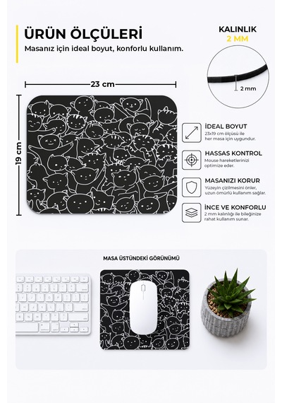 Sevimli Kediler Siyah Beyaz Mouse Pad -23 Cm X 19 Cm- Kaydırmaz Taban Ev Ve Ofis Kullanımı Mousepad