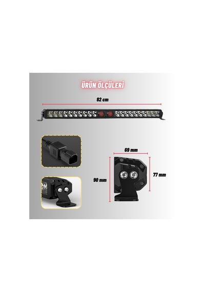 Off-road Premium Tavan Led Bar 80 Cm Beyaz Işık Projektör Kırmızı Göz Gündüz Led Metal Gövde 12-24v