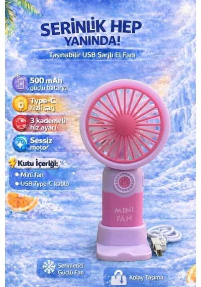 Fit Pudra Pembe Mini Taşınabilir Sessiz El Fanı 3 Hız Ayarl Mini El Pervanesi Soğutucu-vantilatör