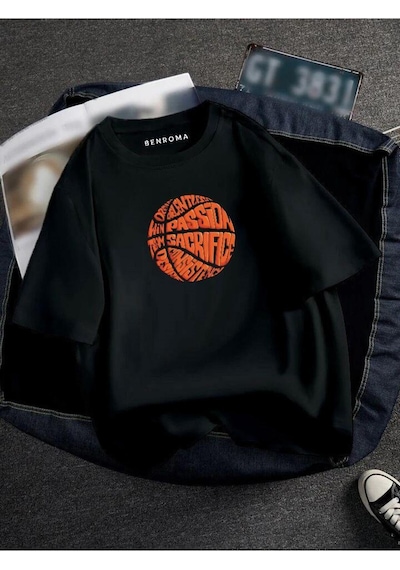 Oversıze Basketbol Topu Baskılı Unısex Tisort Baskılı SIYAH