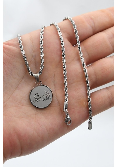 Allah Ve Muhammed Yazlı Kolye Paslanmaz Çelik Zincir 3mm 902083 Gümüş